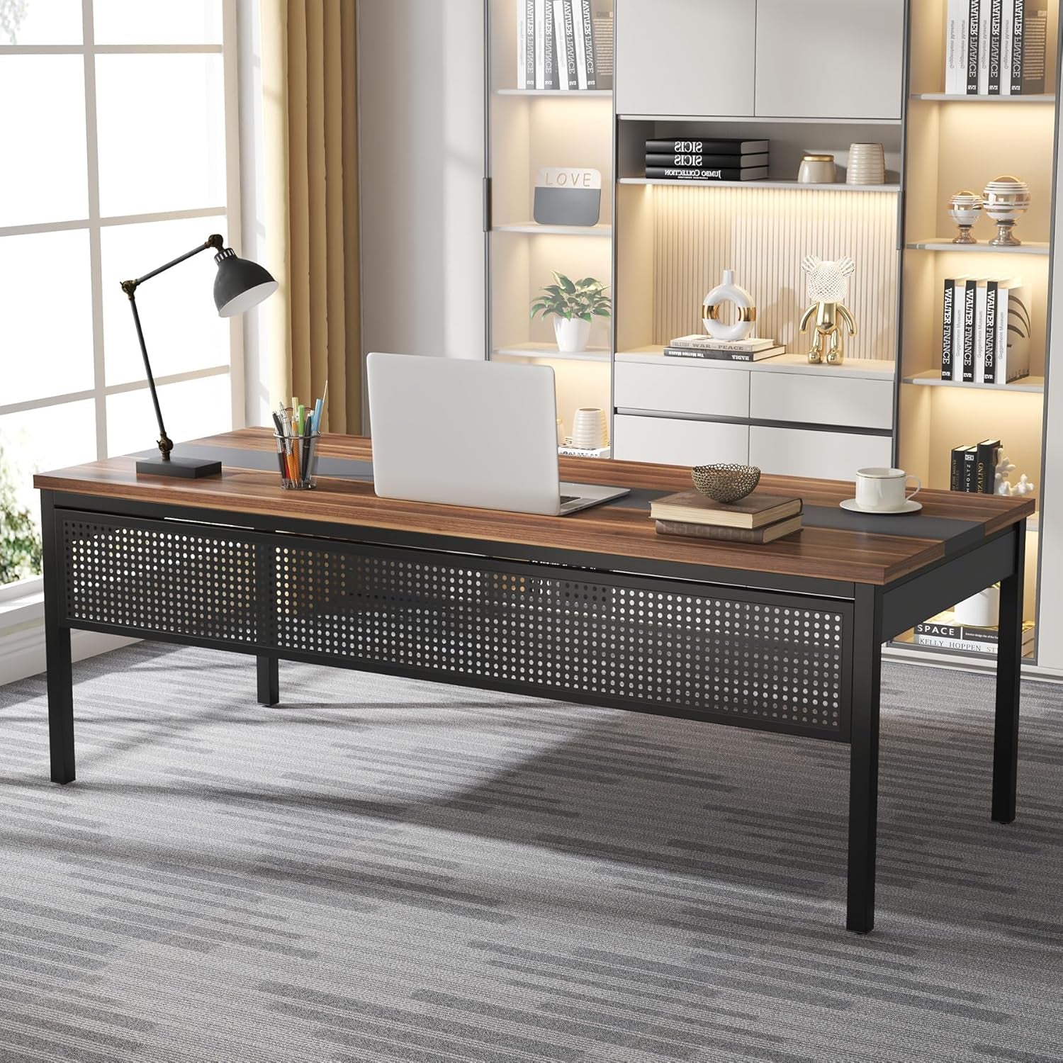 71 Inch Executive Desk, L Shaped Desk with Mobile File Cabinet, Executive Office Table with 2 Drawers and Storage Shelves, Business Furniture Workstation for Home Office, Walnut and Black