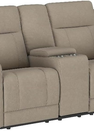 Faux Leather Motion Reclining Loveseat with Center Console and Cupholders in Taupe Finish, 71.25" W x 36.5" D x 39.25" H, Contemporary Plush Design for Living Room or Den