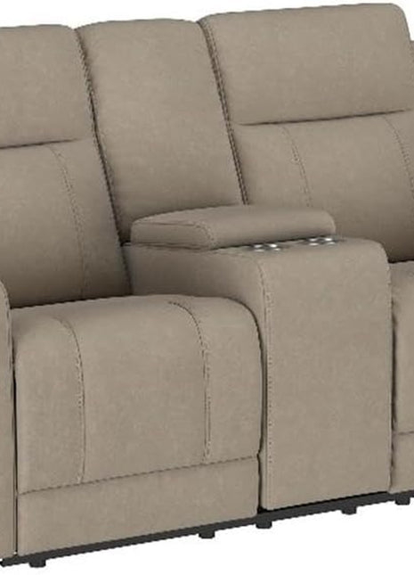 Faux Leather Motion Reclining Loveseat with Center Console and Cupholders in Taupe Finish, 71.25" W x 36.5" D x 39.25" H, Contemporary Plush Design for Living Room or Den