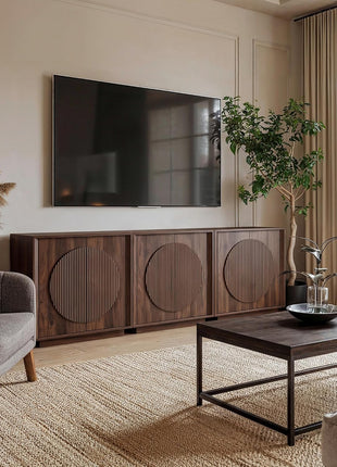 Contemporary Walnut Buffet Cabinet with Storage, Round Fluted Door Sideboard with Shelves, Modular Coffee Bar, Deep Beveled Design for Dining Room, Kitchen, Living Room, and Entryway, 32