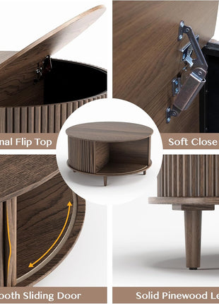 Contemporary Walnut Round Coffee Table with Storage, 31.5" Fluted Center Table for Living Room with Sliding Cabinet Door