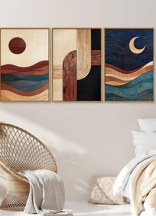 Bohemian Mid-Century Modern Framed Canvas Wall Art - Geometric Abstract Sun and Moon Design in Beige and Black for Living Spaces - 16" x 24" x 3