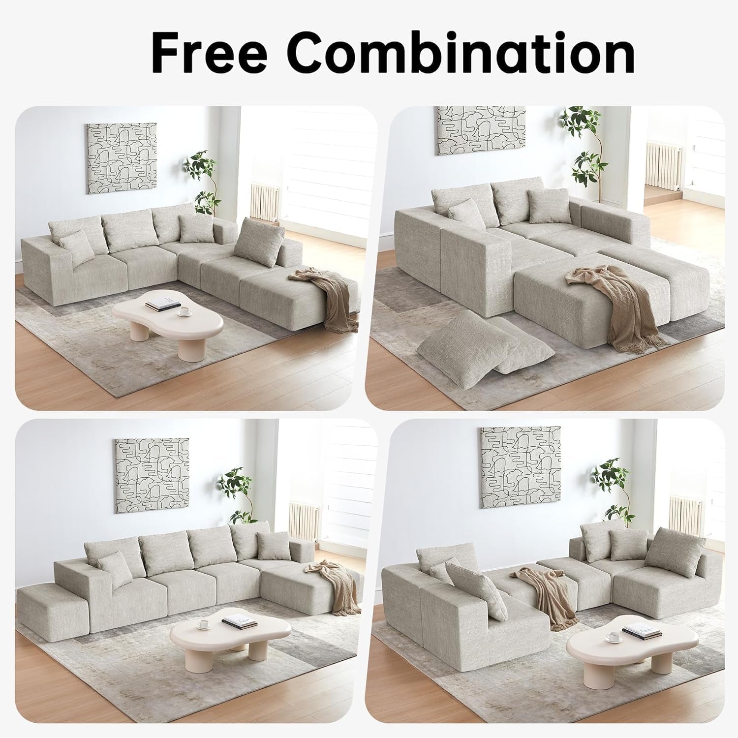 152'' Modern Boneless Couch, Oversized 2-In-1 Modular Sectional Sofa Bed, Extra Deep Seat Upholstery Cloud Couch, Boneless Couches for Living Room, No Assembly Required, Beige Chenille