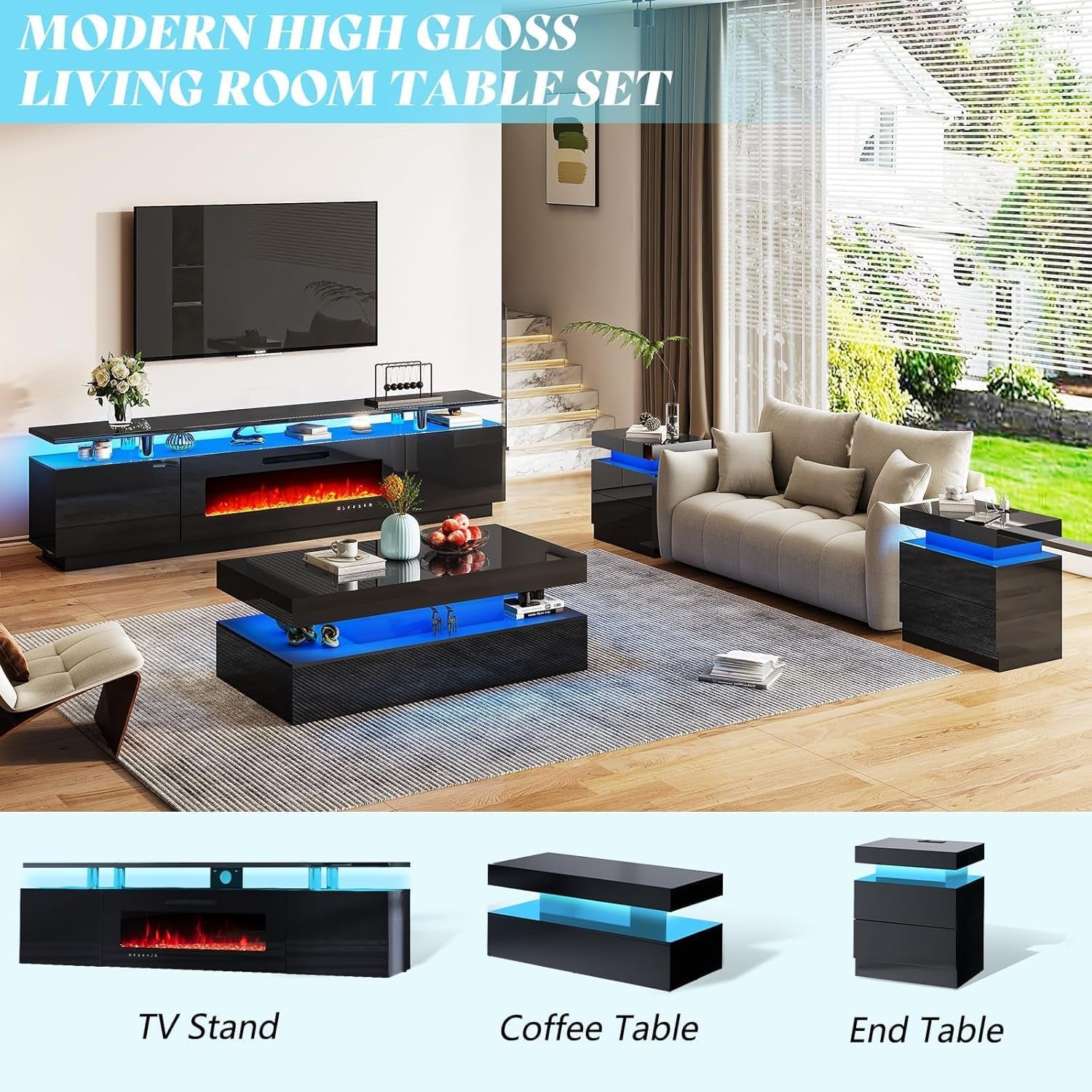 3-Piece High Gloss Living Room Table Set, Includes Modern LED Coffee Table with 2-Tier Design and 2 Matching Nightstands with Charging Station, Black