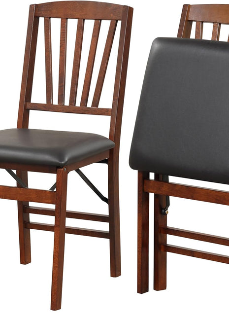 Set of 2 Folding Dining Chairs, Upholstered Wooden Chairs with PVC Padded Seat, Solid Wood Frame, 400LBS Capacity for Kitchen and Apartment (Black & Brown)