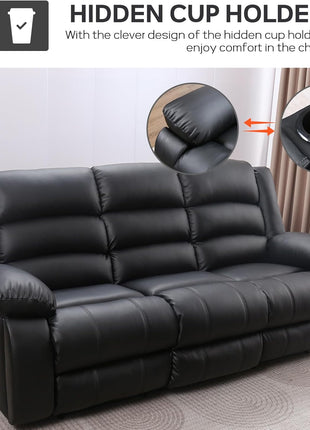 Faux Leather Manual Reclining Sofa with Dual Concealed Cup Holders and Overstuffed Armrests, 3-Seat Recliner for Living Room, Bedroom, or Meeting Room, Black