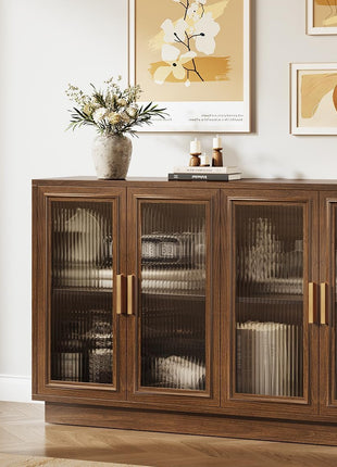 Mid-Century Modern Walnut Sideboard Buffet Cabinet with Storage - 55.1" Wood Kitchen Credenza with 4 Doors for Dining Room, Living Room, and Entryway