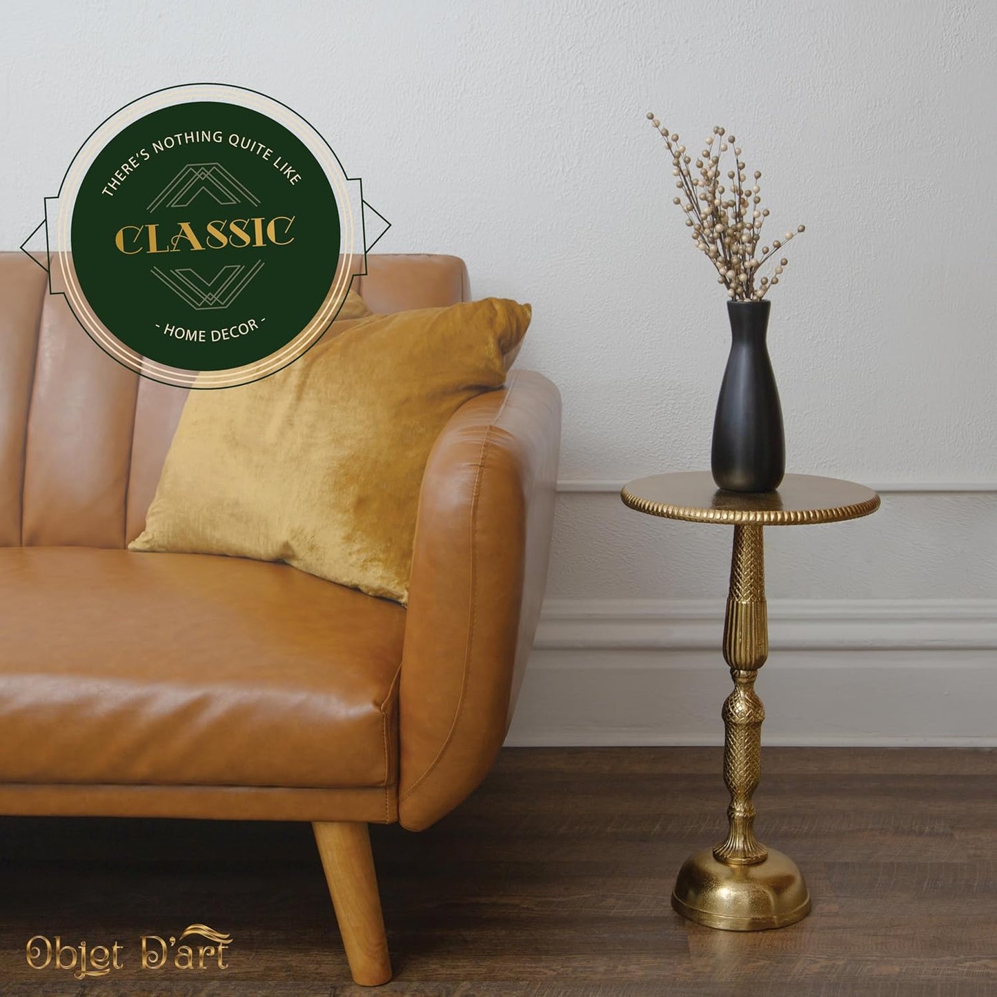 Small round Gold Side Table, Hannah, 20" Height, Vintage Metal Accent, Side, Pedestal, Coctail and Drink Tables for Living Room and Small Spaces
