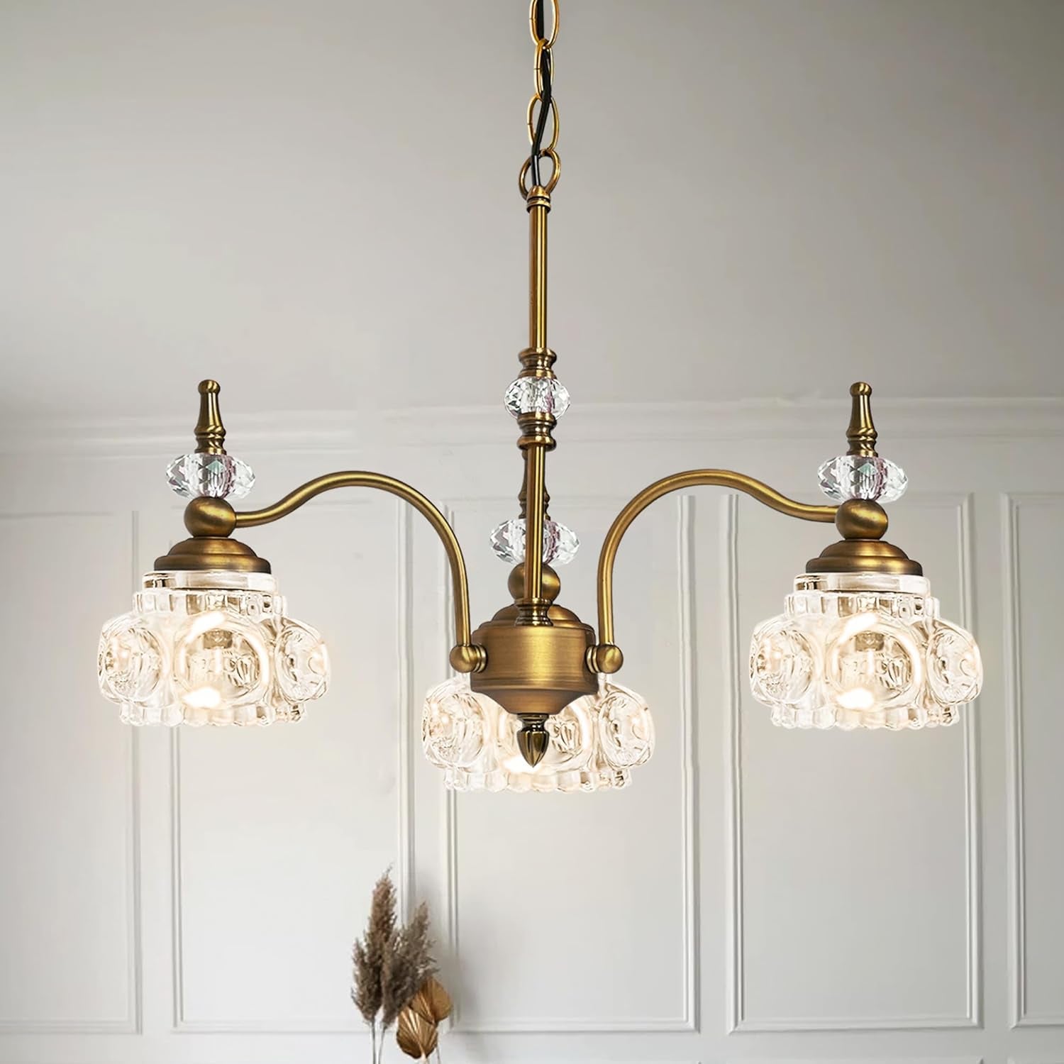 Vintage Brass Pendant Light,Gold Vintage Chandelier Light Fixture 3 Lights,Include 4 Light Bulbs Glass Pendant Light Crystal Hanging Light