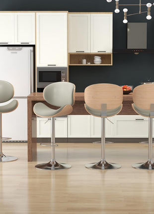 Set of 4 Adjustable Height Swivel Bar Stools with Footrest, PU Leather Upholstery and Bentwood Design for Kitchen, Bar, and Dining Room (Grey)