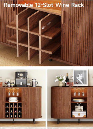 55-Inch Contemporary Wine Bar Cabinet with LED Lighting, Wine Rack, and Glass Holder - Farmhouse Buffet Sideboard for Living Room, Kitchen, and Entryway in Walnut Finish