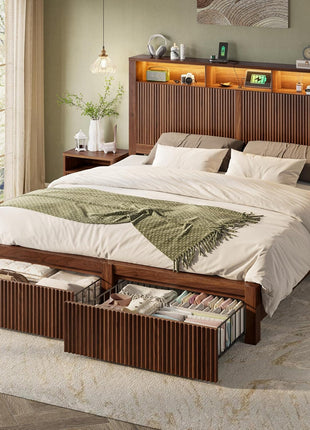 King Size Bed Frame with Headboard and Dual Storage Drawers, LED Lighting and Charging Port, Farmhouse Wavy Design, Wood and Metal Platform, Noise-Free, No Box Spring Required, Walnut Finish