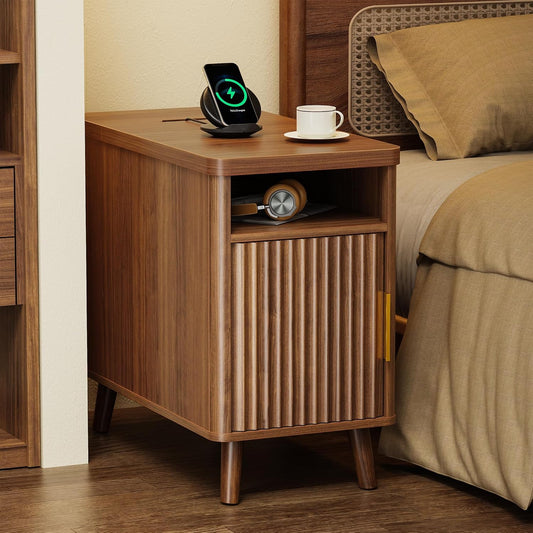 Narrow End Table with Charging Station, USB-C Port, Fluted Nightstand with Storage Cabinet, Back Rack, Farmhouse Side Table for Small Spaces, 13.4 × 23.6 Inch Night Stand, Walnut
