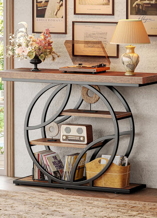 41.3-Inch Industrial Entryway Console Table with Storage Shelves in Rustic Brown Finish and O-Shaped Metal Frame