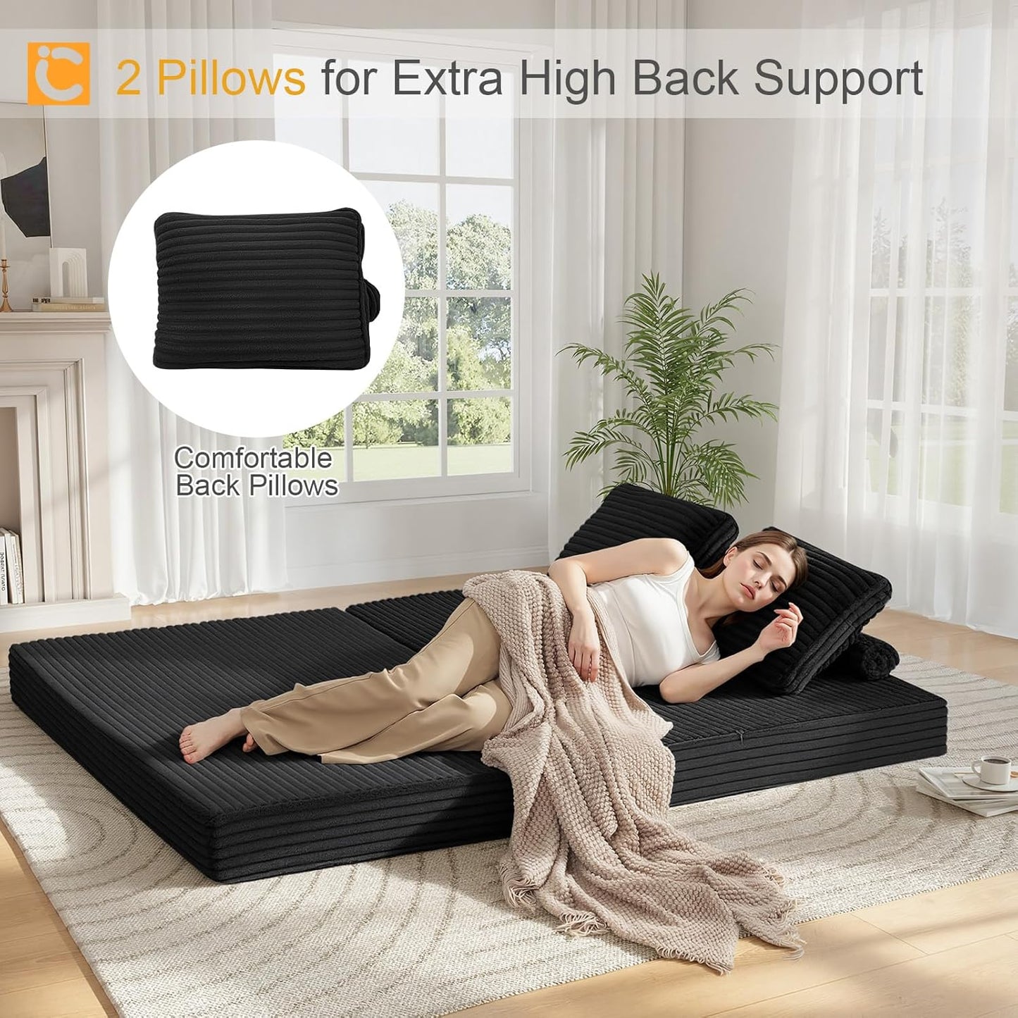 Convertible Sofa Bed, Folding Floor Couch Corduroy Fold Out Couch Bed Futon Sleeper Mattress with Pillows, Boneless Sofa Comfy Lounge Loveseat for Living Room Bedroom, Plush Black