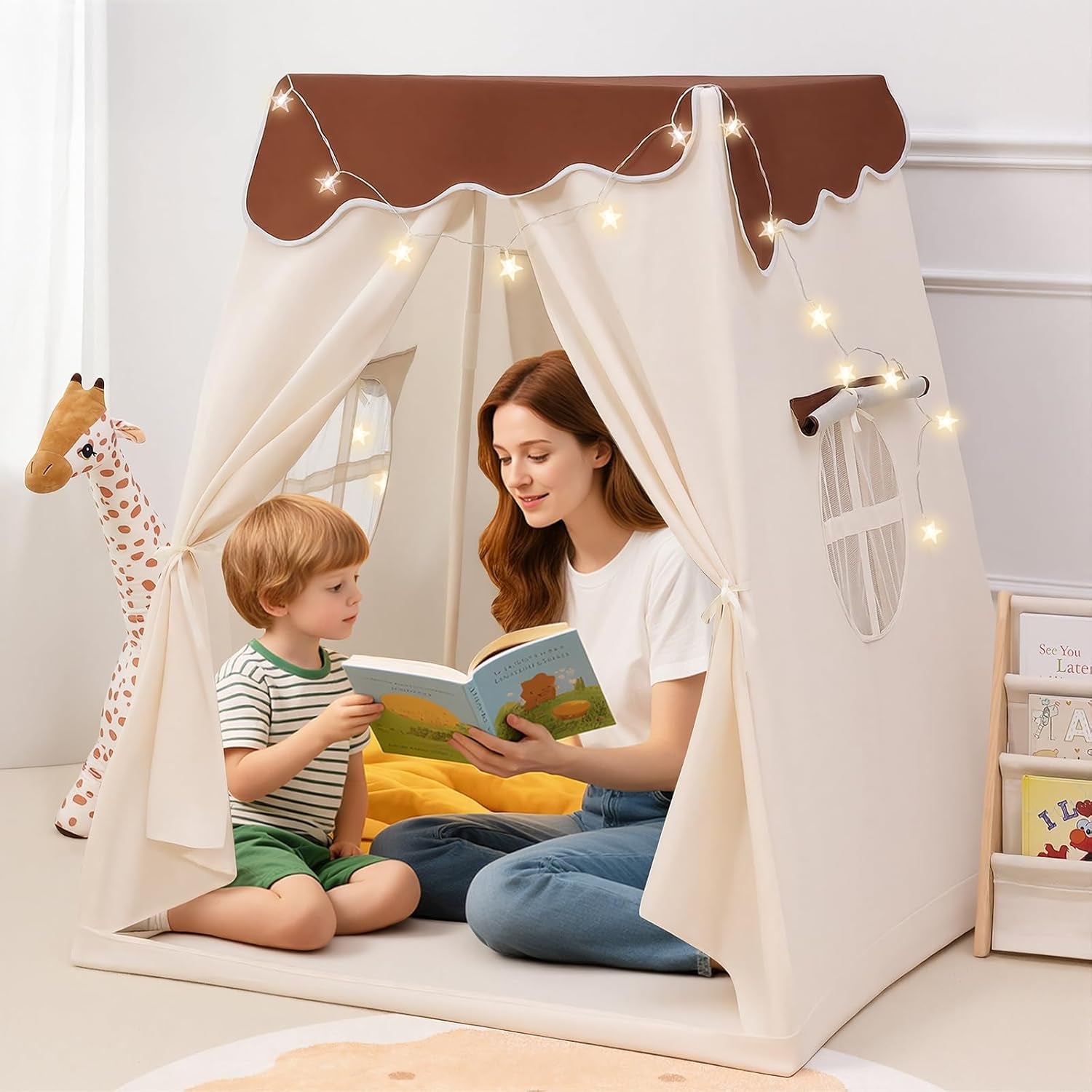 Frustum Design Kids Play Tent with Star Lights, Dual-Door Toddler Tent Indoor for Ages 4-8, Portable Toddler Playhouse Gift for Girls & Boys, Brown