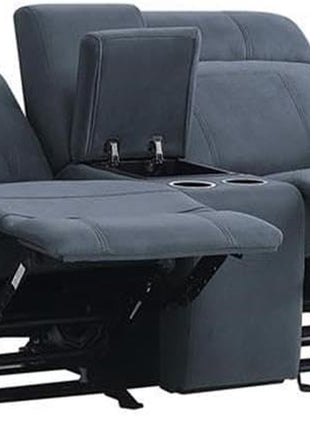 Glider Motion Loveseat Recliner with Stainless Steel Cup Holders and Central Storage Console, Upholstered Reclining Sofa for Living Room and Home Theatre, Polished Blue Microfiber Finish