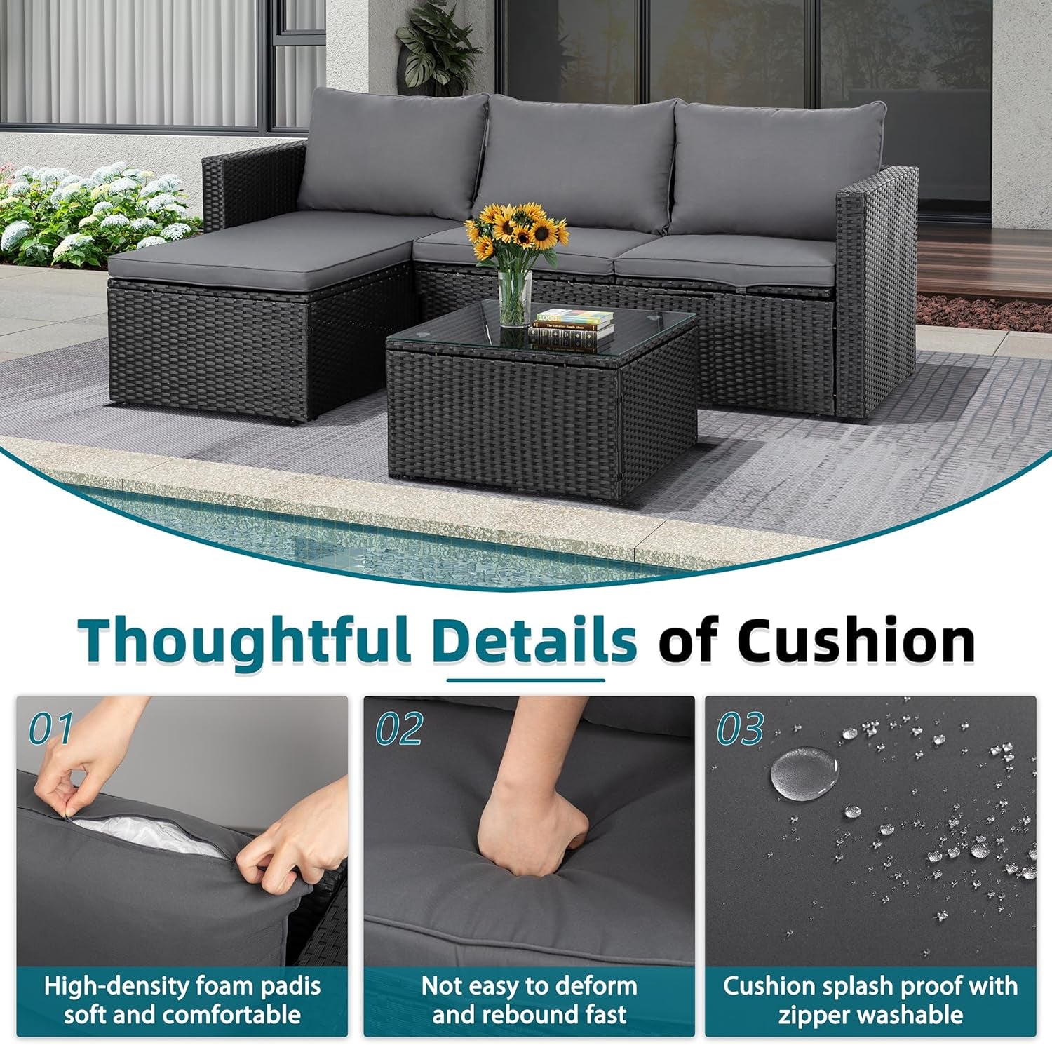 3-Piece Patio Sectional Sofa, Patio Furniture Set with Detachable Soft Cushions, Outdoor PE Rattan Patio Conversation Sofa Set with Glass Coffee Table & Ottoman, Black Rattan/Grey