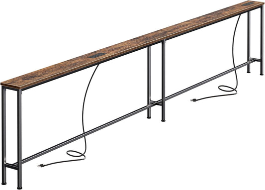 110.2 Inch Sofa Table with 2 Power Outlets and USB-C Port, 5.9 Inch Narrow Console Table with Storage, Extra-Long, for Entryway Hallway Couch behind Sofa, Small Spaces, Rustic Brown