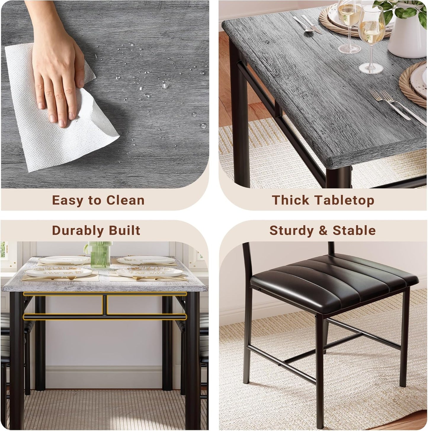 Dining Table Set for 4, Wood Kitchen Table with Upholstered Chairs for Kitchen Room and Small Spaces, Grey