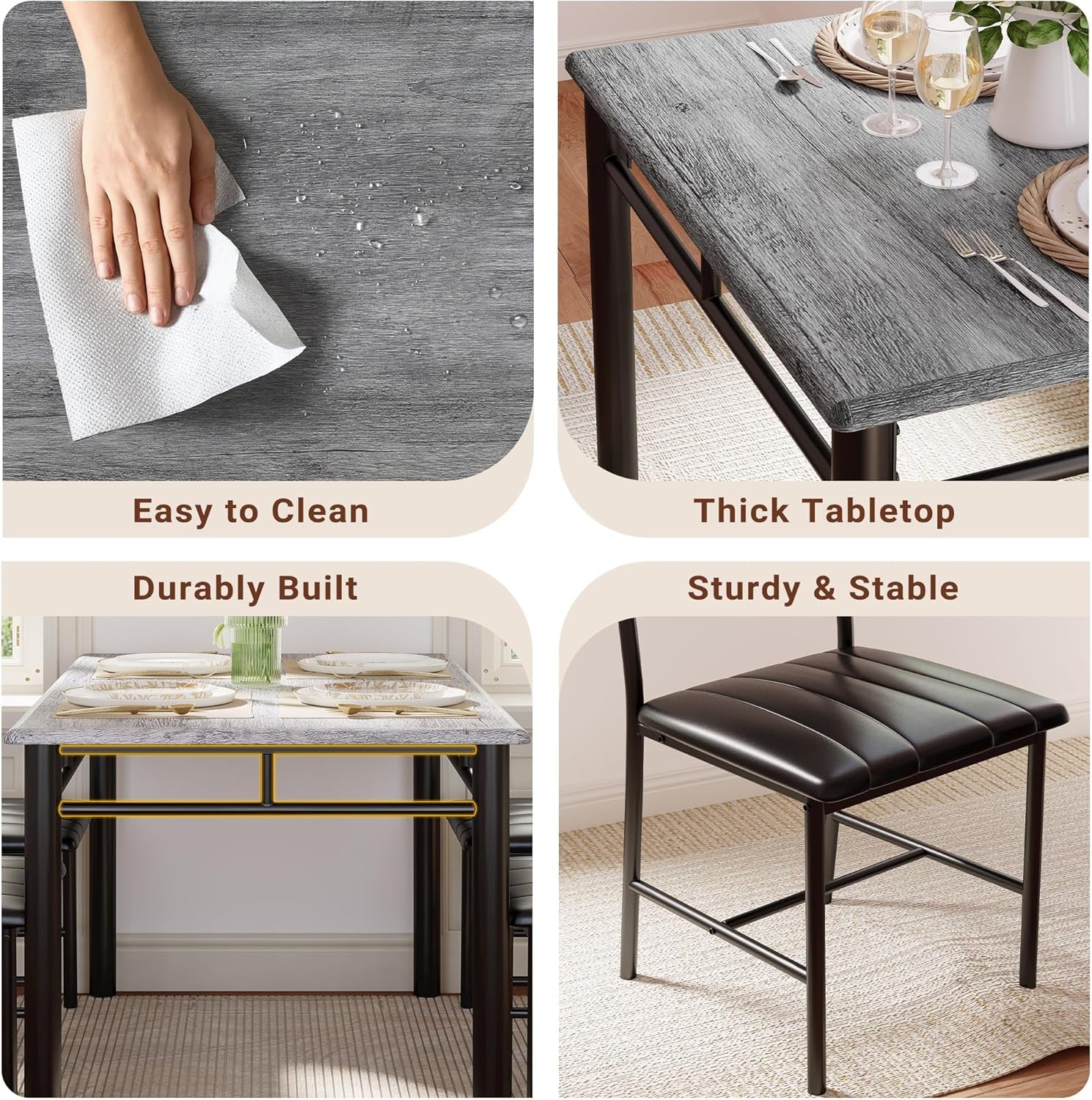 Dining Table Set for 4, Wood Kitchen Table with Upholstered Chairs for Kitchen Room and Small Spaces, Grey