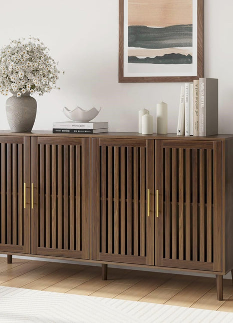 63" Long Sideboard Buffet with 4 Louvered Doors, Adjustable She, and Gold Handles - Farmhouse Storage Cabinet for Entryway, Kitchen, Dining Room, and Living Room in Walnut Finish