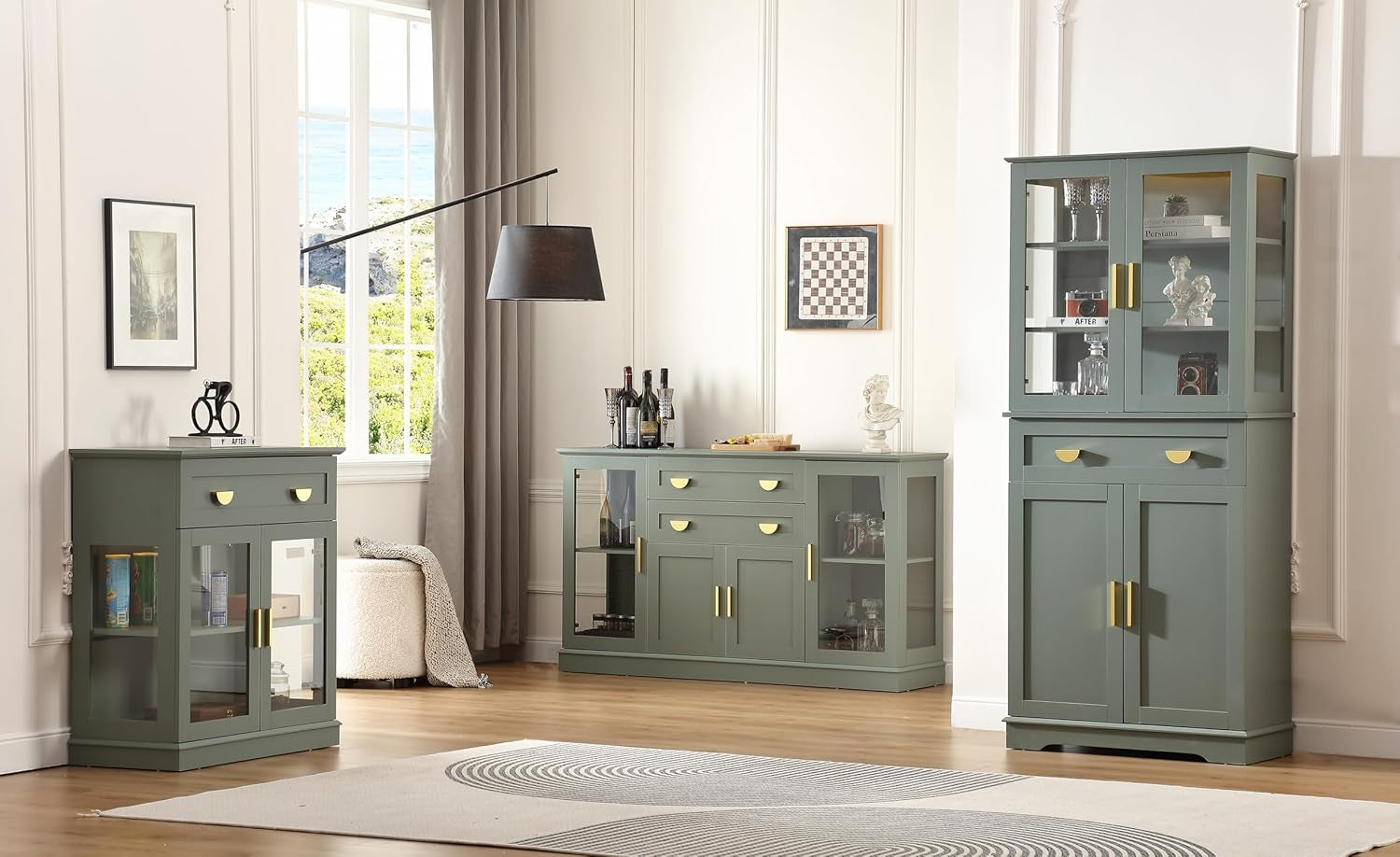 58.27'' Buffet Cabinet with 2 Drawers and Adjustable Shelves,Large Glass Door Coffee Bar Cabinet,Modern Farmhouse Sideboard Credenza for Kitchen,Green