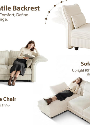Corduroy Modular Sectional Sofa with Storage Seat, Convertible Design for Living Room, Adjustable Armrests and Backs, Plush Cushions, Seating for 8, Beige | Tool-Free Assembly, Versatile Layout Options