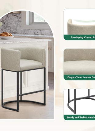 Set of 4 Contemporary 24-Inch Faux Leather Counter Height Bar Stools with Metal Legs and Back Footrest in Greige (White)