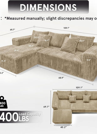 109" L-Shaped Modular Sectional Sofa with Deep Seating, Corduroy Upholstery, Comfortable Sleeper Futon Bed, Left Facing Configuration