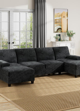Elegant U-Shaped Sectional Sofa – Modern 4-Seat Couch with Double Chaise and Removable Pillows in Chic Black, Perfect for Apartment Living Rooms