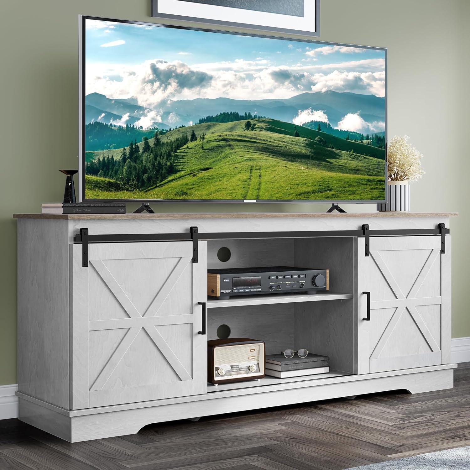 Farmhouse TV Stand for 65 Inch Television Stand, Entertainment Center with Storage Cabinets and Sliding Barn Doors, Rustic Media TV Console Table for Living Room, Grey White/Grey Wash