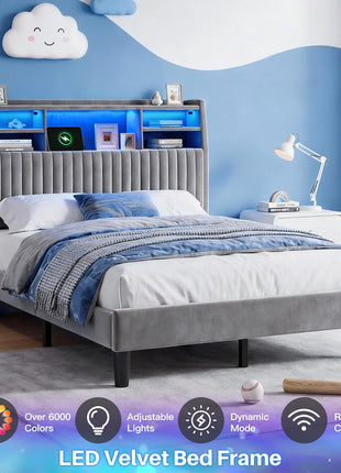 Full-Size Bed Frame with Vertical Channel Tufted Headboard, Integrated Storage Shelves, Velvet Upholstery, Charging Station, LED Lighting, Wooden Slats, and Noise-Free Design in Grey