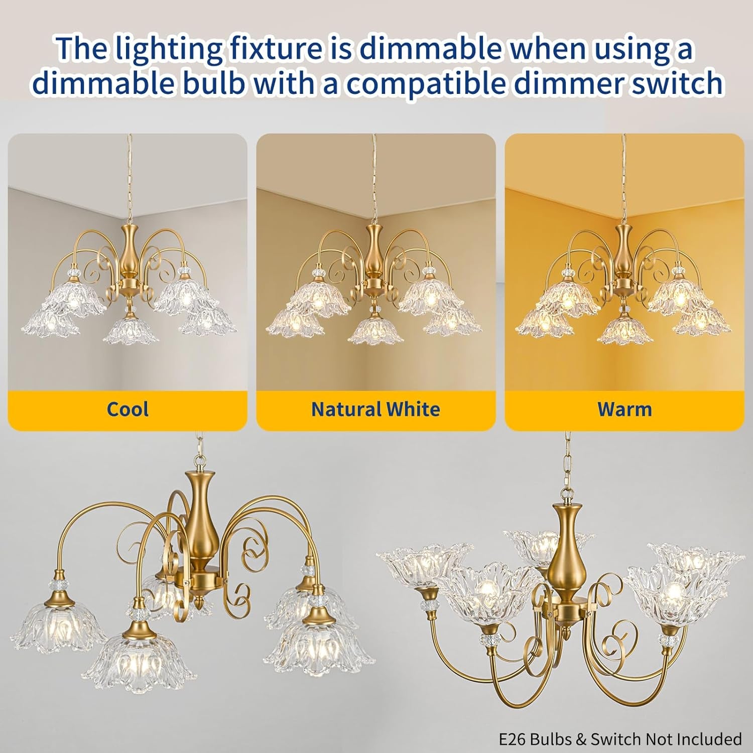 5-Light Vintage Chandeliers in Matte Brass Finish with Crystal Glass Shades, Retro Chandelier Light for Dining Room,Hallway,Kitchen