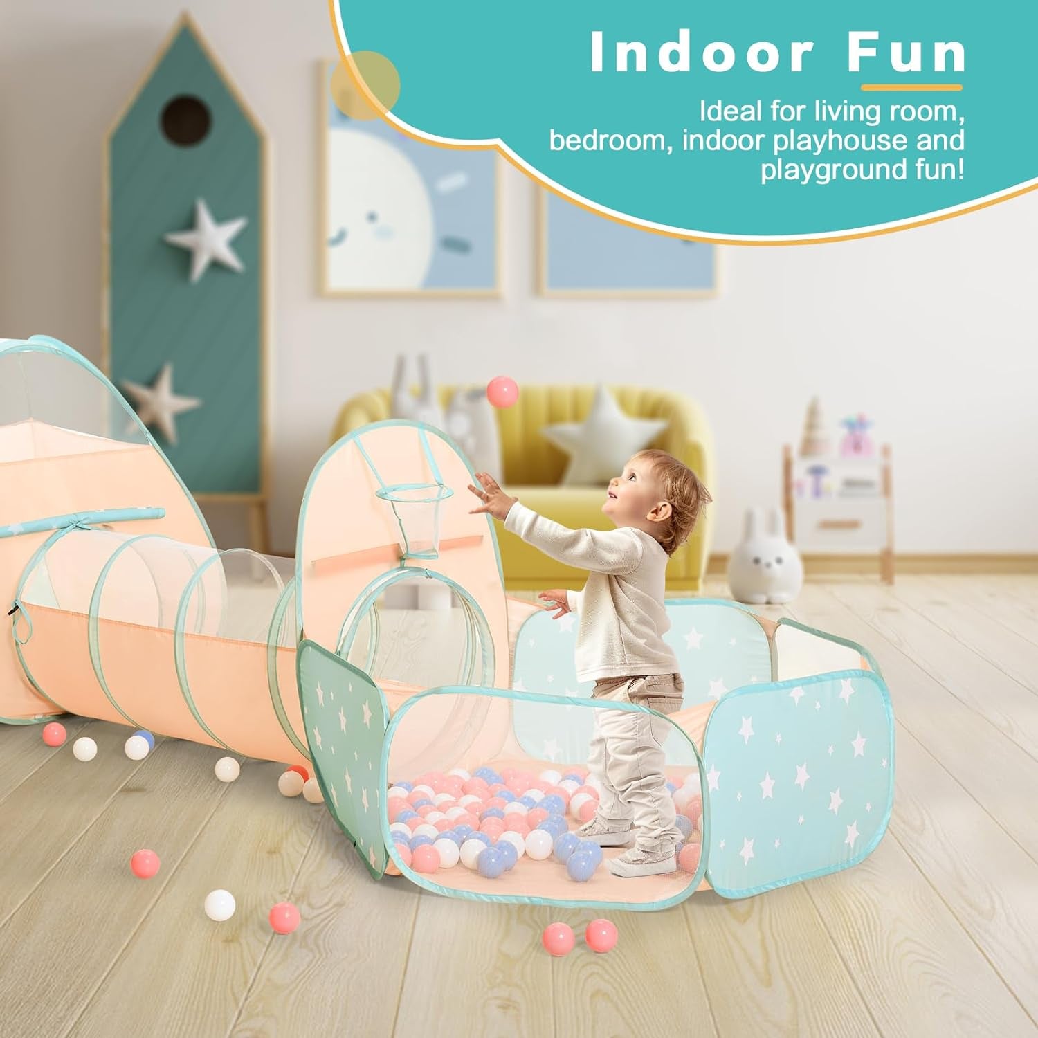 3 in 1 Kids Play Tent with Baby Ball Pit and Play Tunnel, Toddler Climbing Toys for Boys, Girls, Babies, Indoor Outdoor Pop up Playhouse Tunnel Toys (Balls NOT Included)