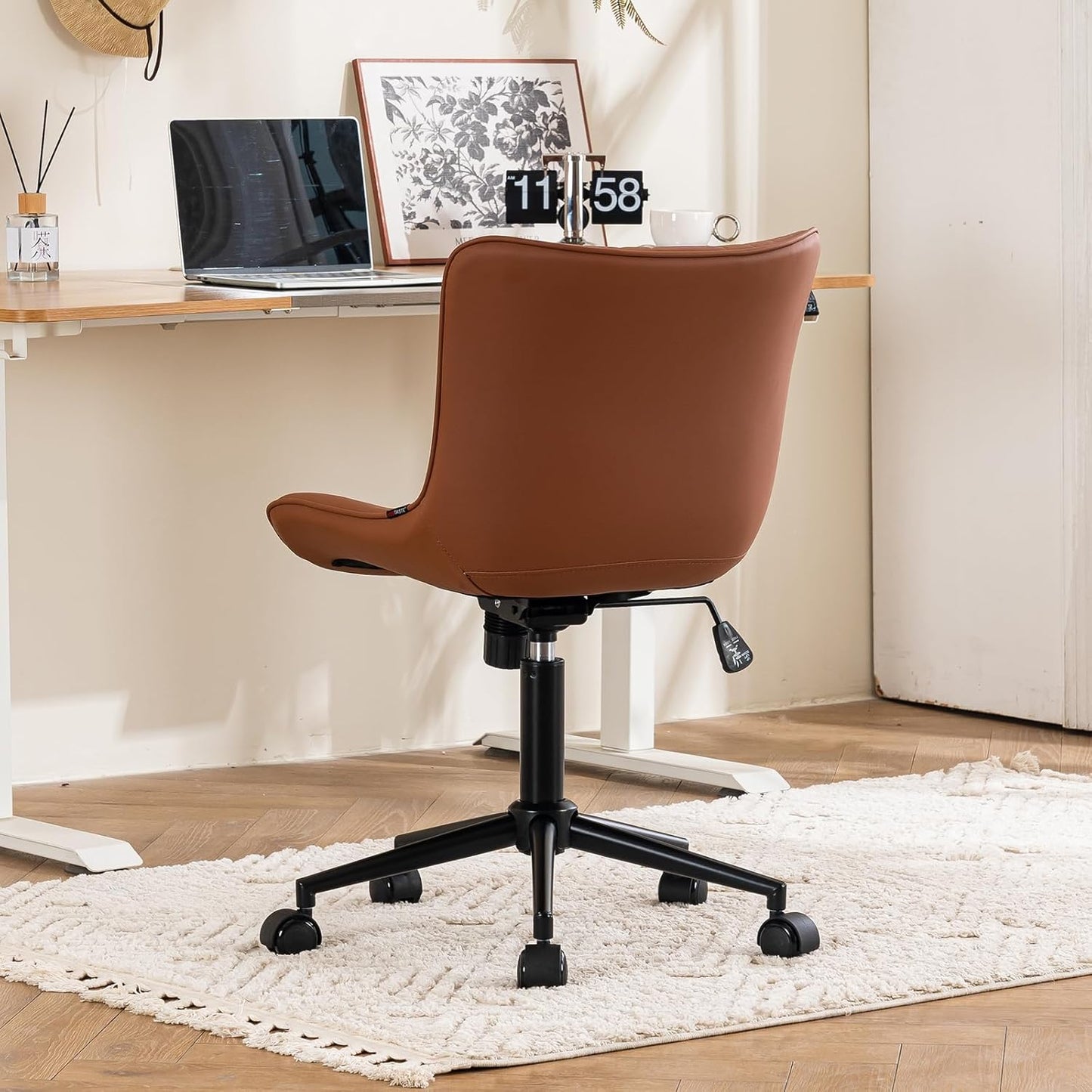 Coffee Brown Office Chair Modern Armless Desk Chair with Wheels Adjustable Swivel Rocking Rolling Computer Study Chairs Faux Leather Sewing Chairs with Back Stylish Vanity Chair