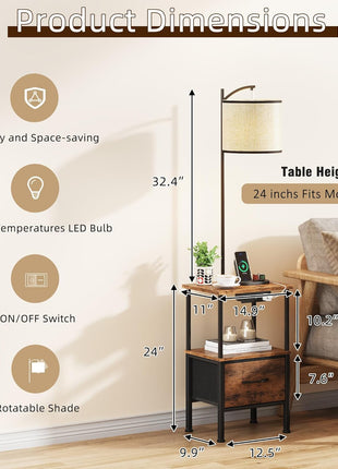 Set of 2 Rustic Brown Floor Lamps with End Tables, Integrated Charging Station and USB Ports, Nightstands with Fabric Drawers, 3 Color Temperature LED Lighting for Living Room and Bedroom, 14.9" W