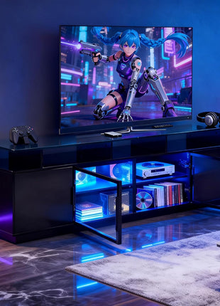 70-Inch Contemporary Black TV Stand with LED Entertainment Center and Glass Door Storage for Living Room and Gaming Spaces