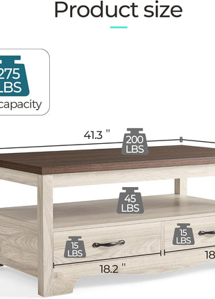 Farmhouse Coffee Table with Storage, Wood Construction, Open Display Area, and Drawers with Metal Handles in Oak and Brown Finish