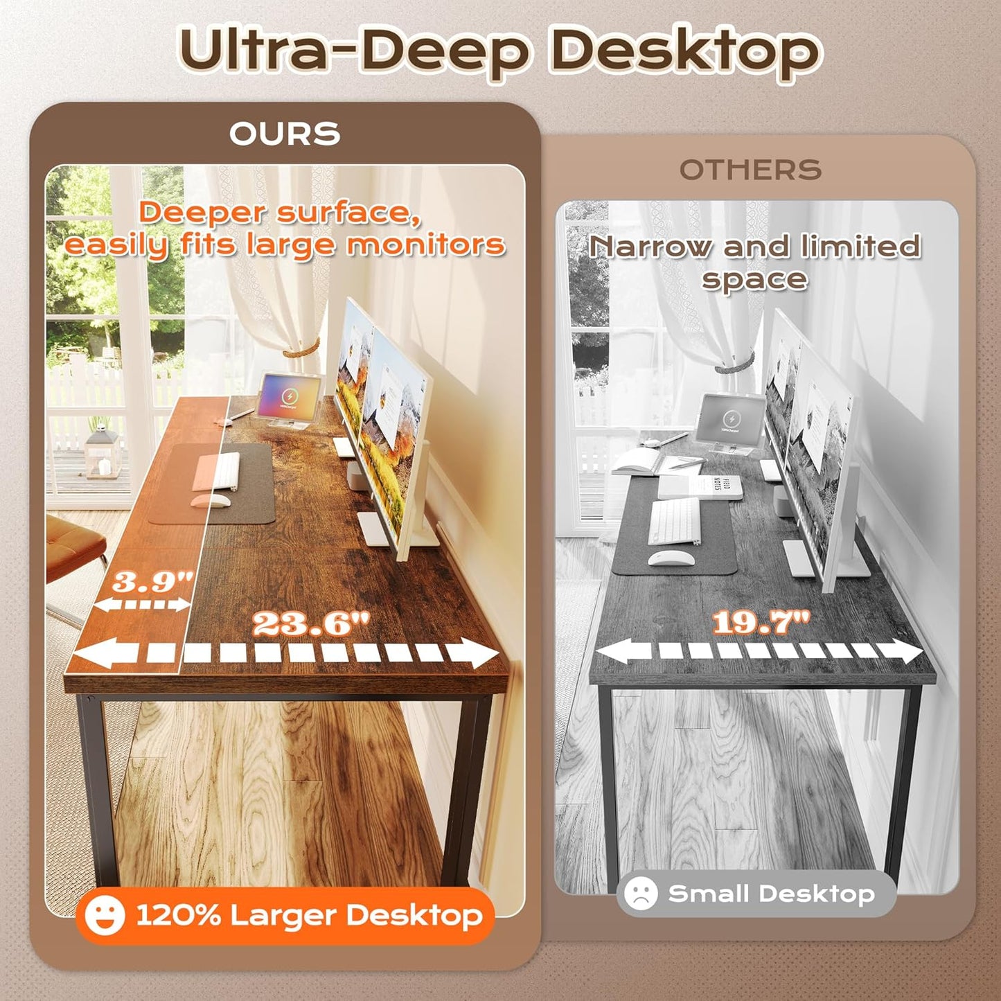 63 X 24 Inch Desk with Power Outlets & USB-C, Deeper & Thicker Desktop, Robust Metal Tubes, Computer Desk, Heavy Duty Office Desk, Work Gaming Desk, for Home Office, Rustic Brown