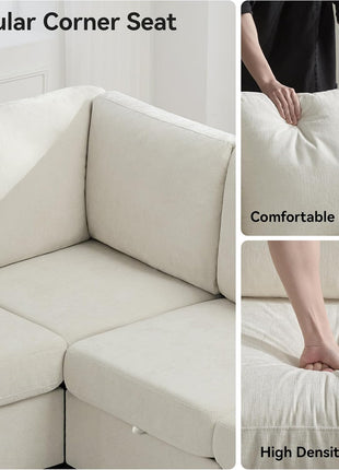 104'' V-Shaped Modular Sectional Sofa with Storage, 7-Seater Modern Cloud Couch and Movable Ottoman in Chenille Beige