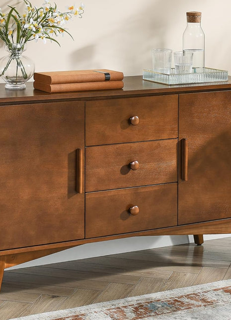 47.3" Mid-Century Modern Sideboard Buffet Cabinet with Solid Wood Frame and Legs, Featuring 2 Doors and 3 Drawers for Kitchen and Entryway in Walnut Finish