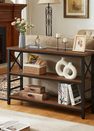 Industrial Console Table with Storage - 47-Inch Rustic 3-Tier Sofa Table for Living Room and Hallway, Engineered Wood and Metal, Brown Finish