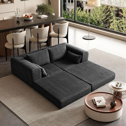 79" Corduroy Folding Convertible Sleeper Sofa Bed Queen, Grey Pull Out Floor Modular Couch with Pillow, Memory Foam Boneless Couchs Sectional for Living Room Bedroom (2, Grey)