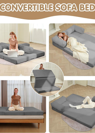 5-in-1 Convertible Sofa Bed - Elegant Boneless Couch with Removable L-Shaped Armrests, Tri-Folding Floor Mattress, and Pull-Out Bed for Enhanced Comfort