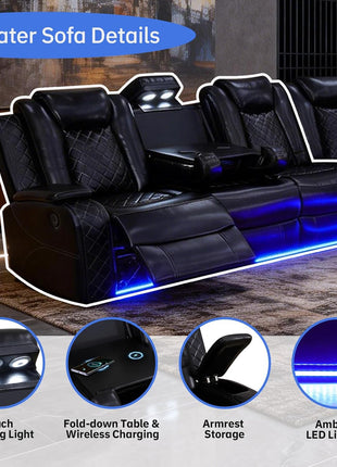 Elegant Power Recliner Sofa Set for Living Room and Home Theater, Leather Sectional with LED Lighting, Cup Holders, and Storage Console in Black