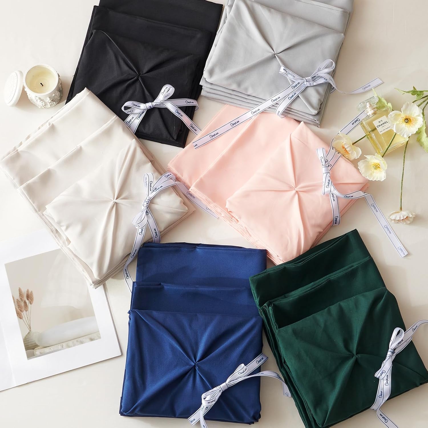 Queen Comforter Set Black, 7 Pieces Pintuck Bed in a Bag, Premium Black Comforter Queen Size, Pinch Pleat Bedding Sets with Comforter, Sheets, Pillowcases & Shams