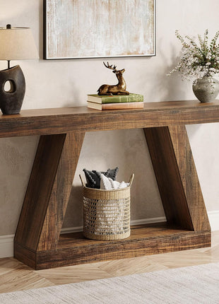 55-Inch Rustic Farmhouse Console Table with Storage - Industrial Wooden Entryway Table for Hallway and Living Room in Dark Brown