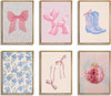 Blue and Pink Preppy Poster Set of 6 Cute Coquette Bow Boots Wall Art Aesthetic Coastal Wall Art, Trendy Girls Dorm Decor Cute Pink Bows Wall Decor for Bedroom Living Room Unframed 8X10 Inch