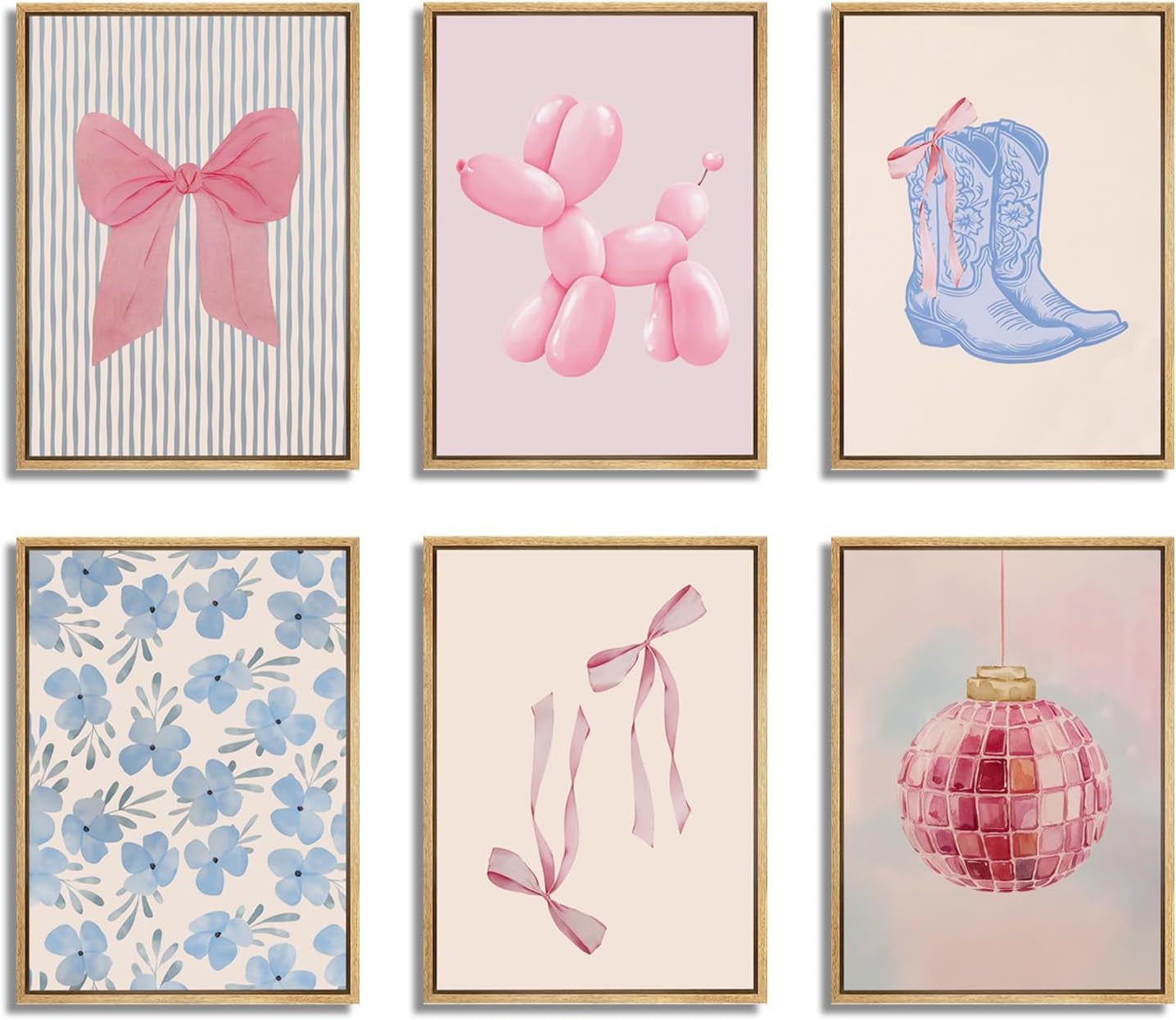 Blue and Pink Preppy Poster Set of 6 Cute Coquette Bow Boots Wall Art Aesthetic Coastal Wall Art, Trendy Girls Dorm Decor Cute Pink Bows Wall Decor for Bedroom Living Room Unframed 8X10 Inch